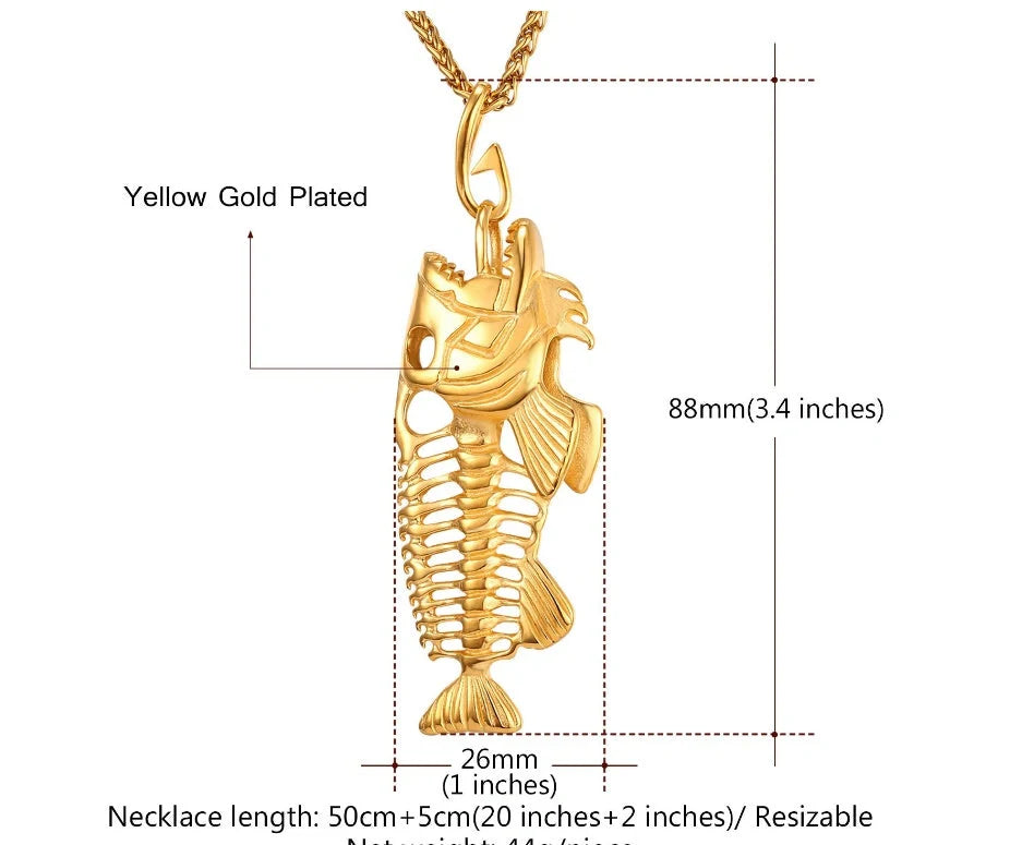 316L stainless steel fish bone necklace with gold plating, available in golden, steel color, and black