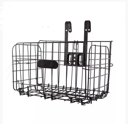 Foldable bicycle basket in black or silver, durable steel construction