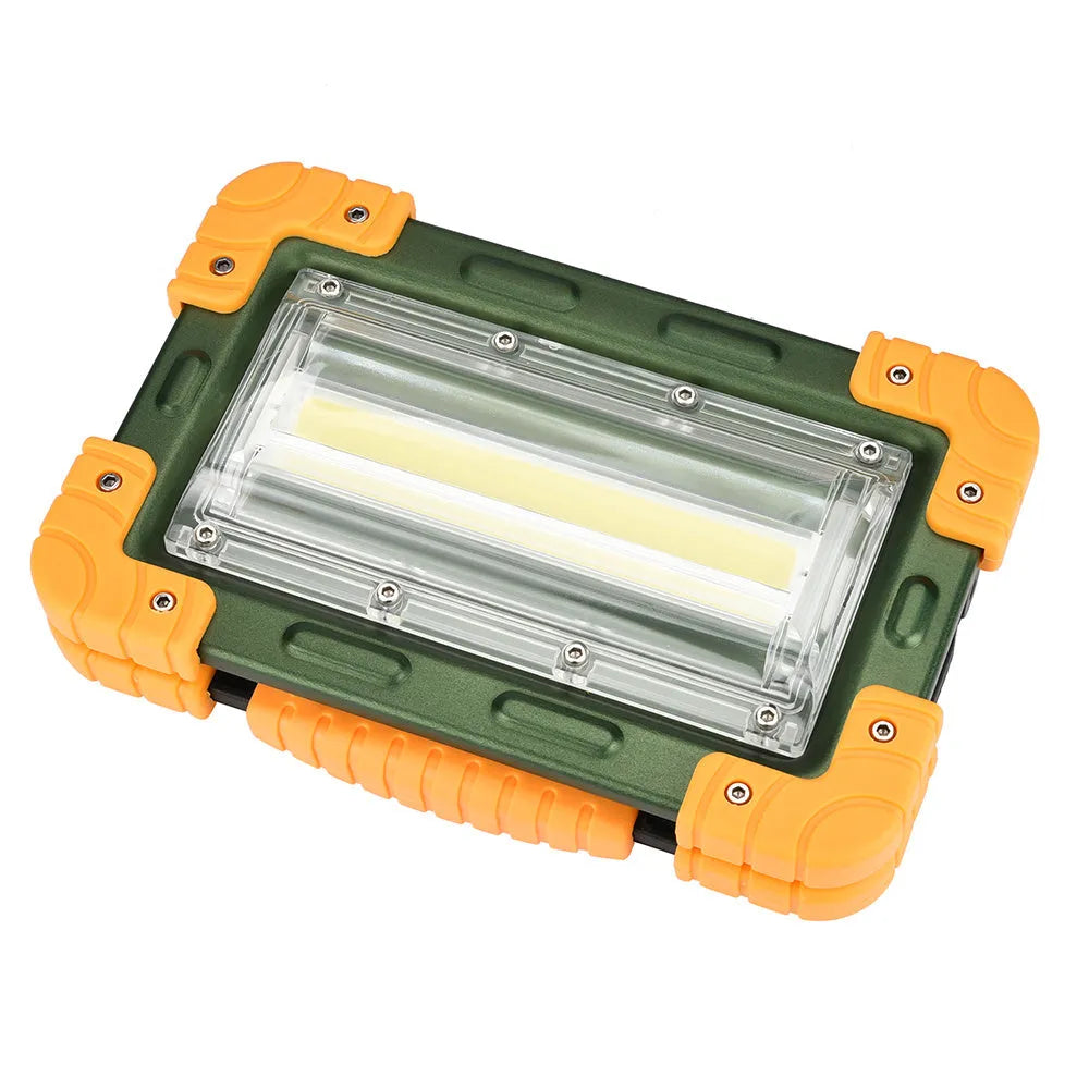 Yellow aluminium alloy COB work light, 50W, 120° wide beam, IP65 waterproof, USB cable, 20.5 x 4 x 13 cm