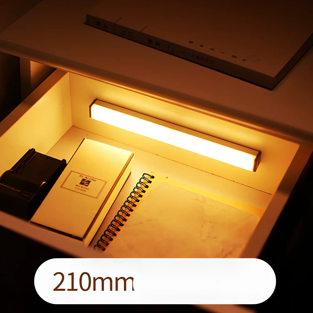 LED sensor light bar showing motion detection range and multiple size options from 9cm to 52cm