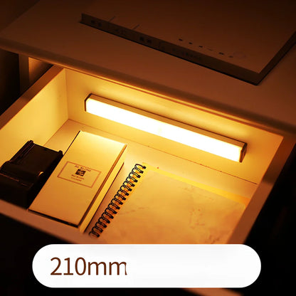 LED sensor light bar showing motion detection range and multiple size options from 9cm to 52cm