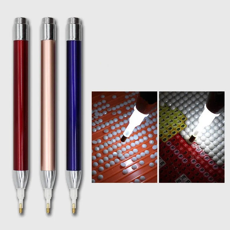 Luminous aluminium alloy diamond painting drill pen in blue, gold, or red colour