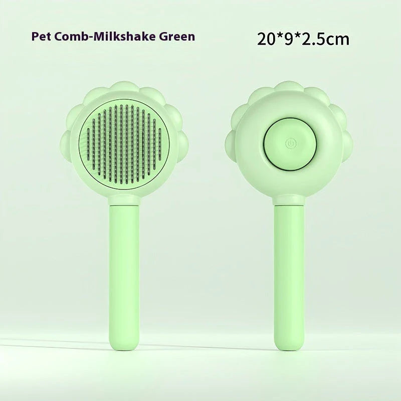 A versatile pet grooming brush with a built-in spray function for efficient hair removal and a calming grooming experience