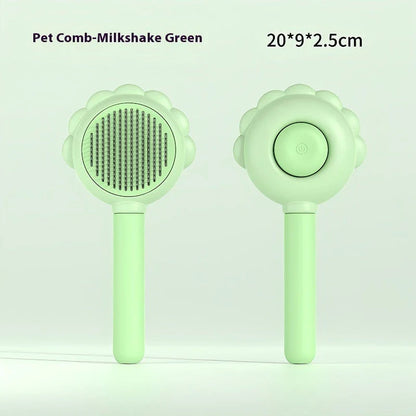 A versatile pet grooming brush with a built-in spray function for efficient hair removal and a calming grooming experience