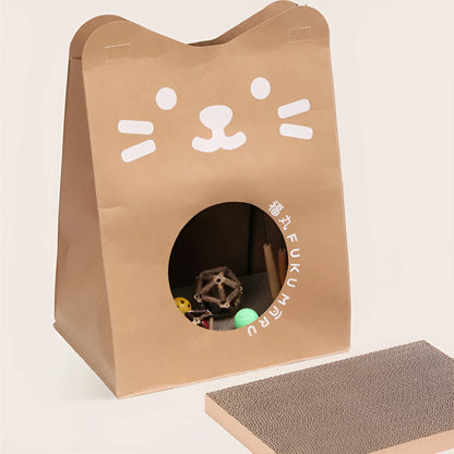 Brown cat scratch board integrated with paper bag nest measuring 40cm wide x 53cm high