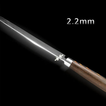 Six stainless steel kitchen knives with laser Damascus patterns on blades and wooden handles arranged with protective covers