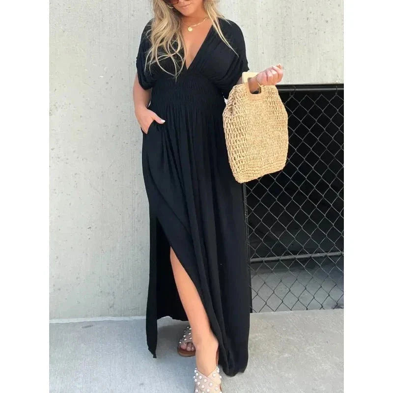 Stylish bat-sleeve v-neck slit dress in a variety of colors, including khaki, black, wine red, dark blue, and caramel