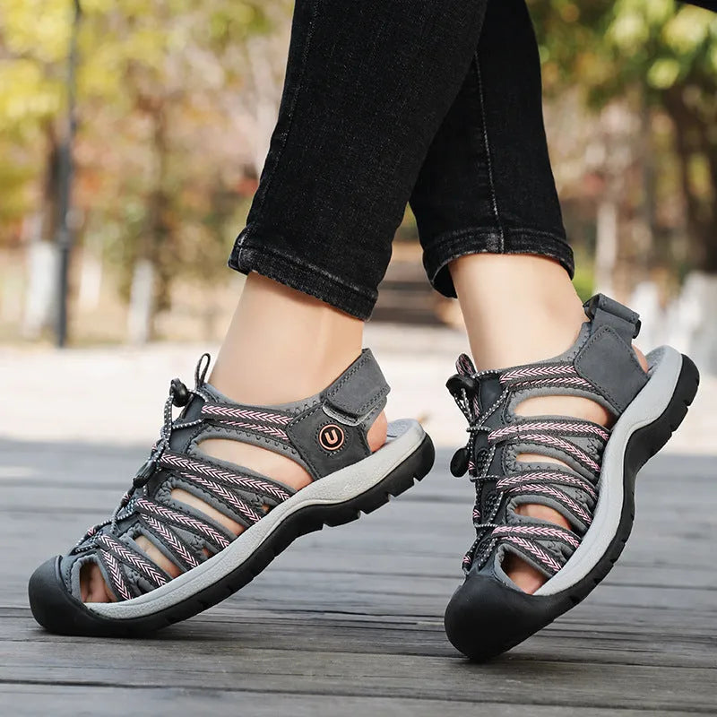Women's black leather mesh sandals with elastic band and wide round toe box on rubber sole