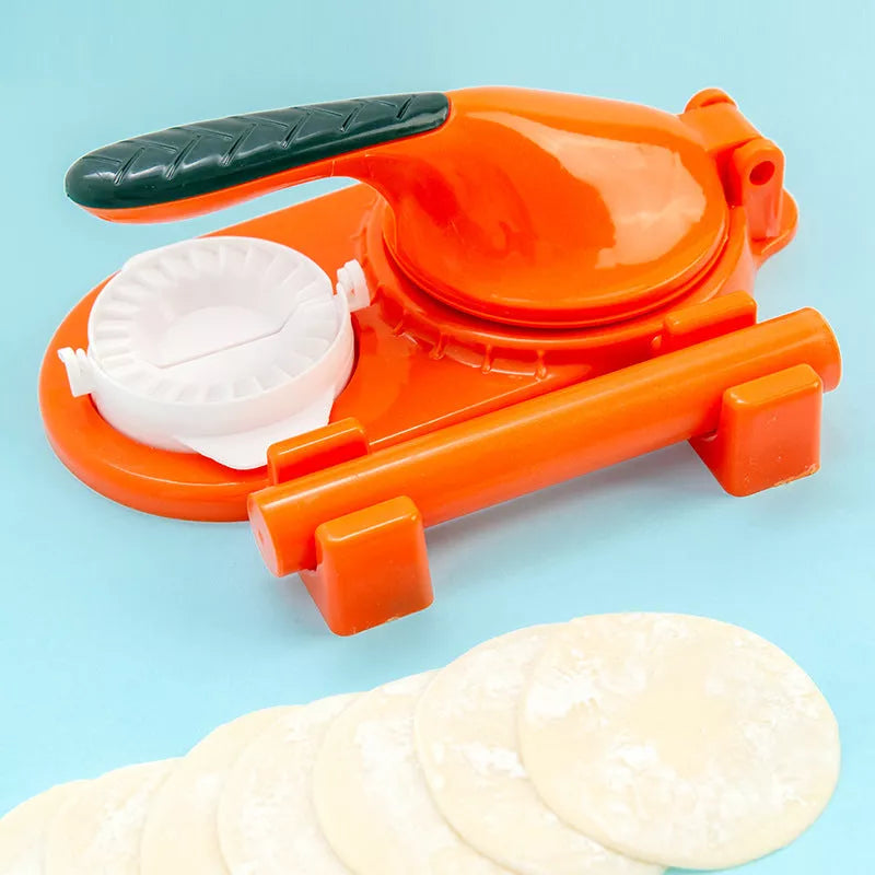 3-in-1 dumpling maker with ergonomic handle in pink, orange, white, and green