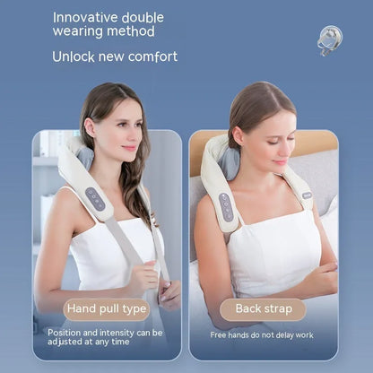Shoulder and neck massager with hot compress, six vibration caps, three gears, 10 minute timer, PU leather, beige or grey.