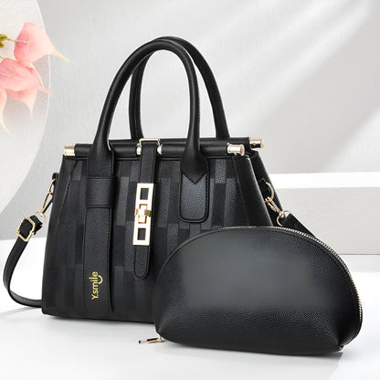 Round black PU leather crossbody handbag with adjustable shoulder strap showing interior and dimensions