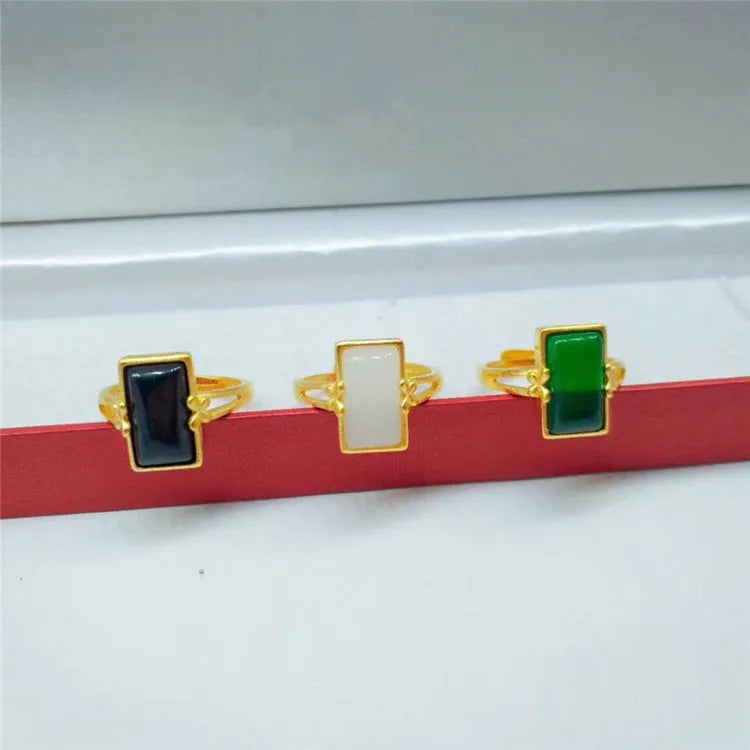 Adjustable brass ring with gold electroplating and inlaid gemstone in national style design