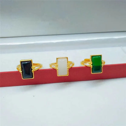 Adjustable brass ring with gold electroplating and inlaid gemstone in national style design