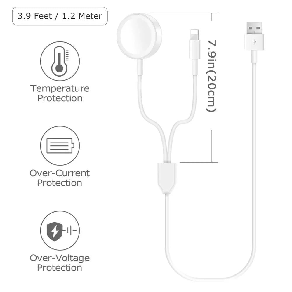 White two-in-one wireless watch charger with USB cable connector