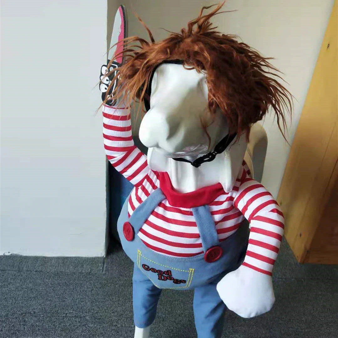 Adjustable polyester pet costume with wig and foam knife accessories, perfect for Halloween celebrations with your furry friend