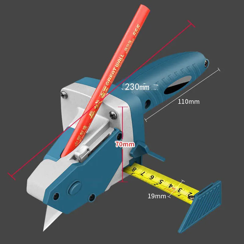 Woodworking cutter for gypsum board, foam board, cardboard, and KT board, featuring a one-press lock and aluminium alloy construction for easy, dust-free cutting with a built-in scale for precise measurements.