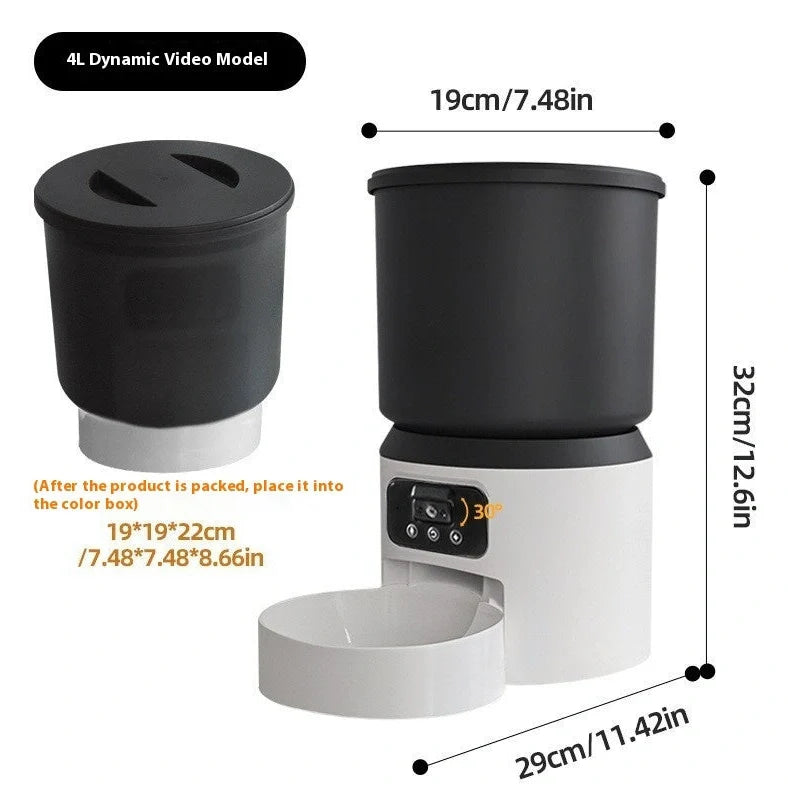 4-litre smart pet feeder with transparent food container and stainless steel bowl on wooden floor