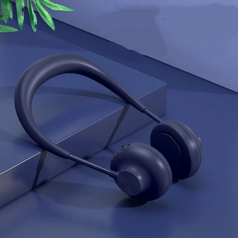 Bladeless neck fan in various colors with USB charging cable