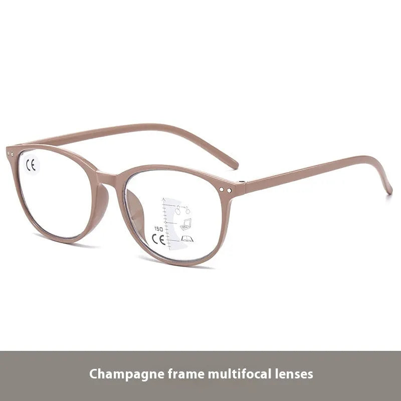 Women's multi-focus presbyopic glasses with adjustable nose pads and spring hinges in black and blue frame