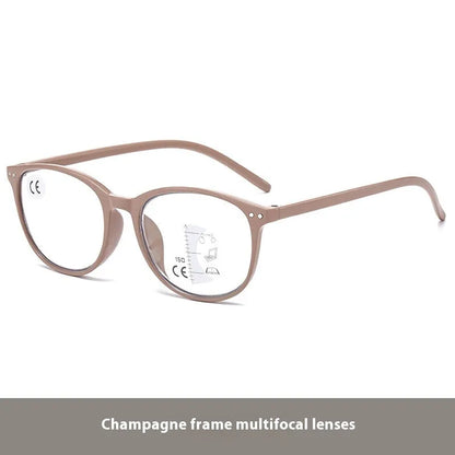 Women's multi-focus presbyopic glasses with adjustable nose pads and spring hinges in black and blue frame