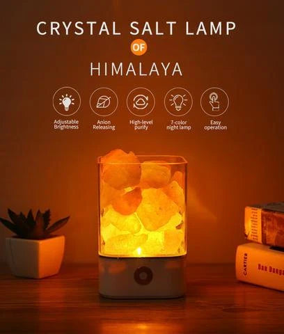 Himalayan salt lamp with warm, soothing glow and color-changing capabilities for air purification and relaxation