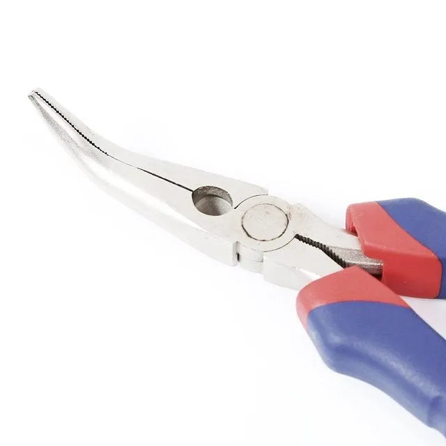Blue curved nose pliers with dual-colour sleeve handles for precision work.