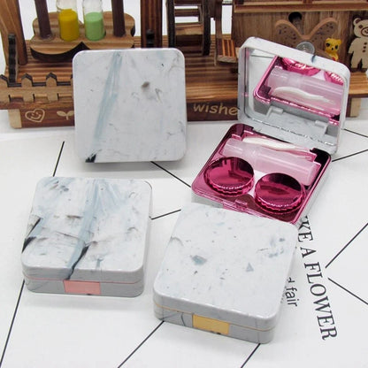 Square contact lenses case with marble surface and mirror, includes lens care accessories