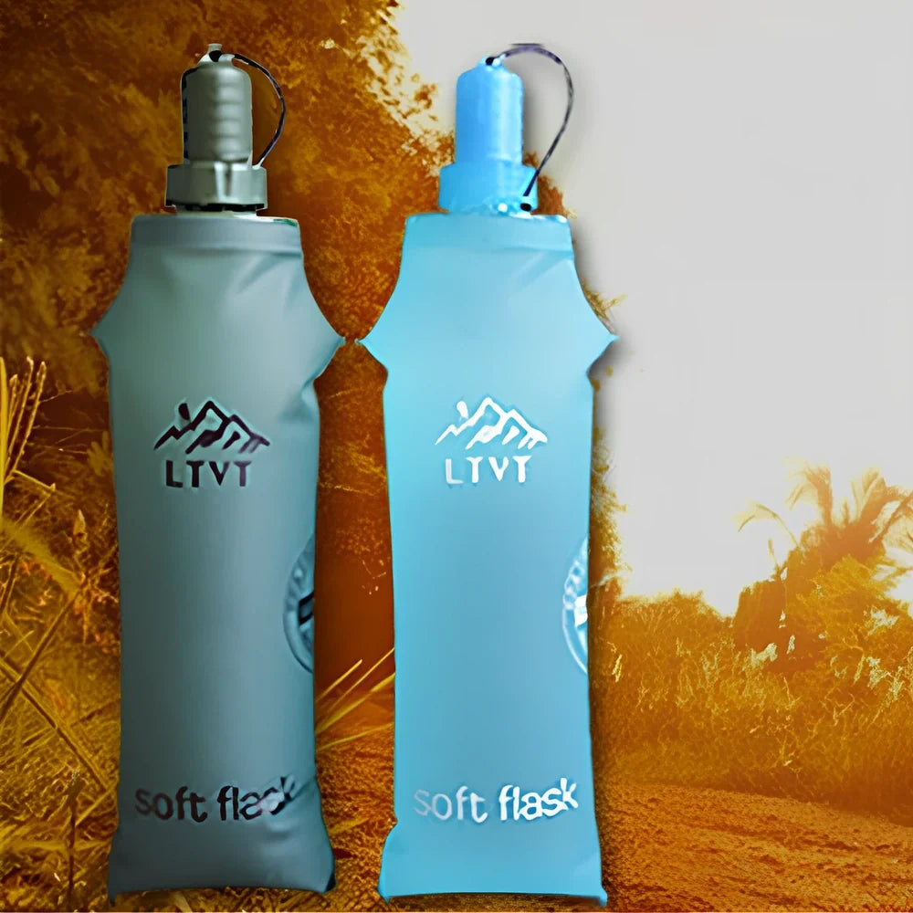 Sky blue folding TPU sports water bottle, 500ml capacity, leak-proof cap, collapsed view for portability