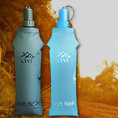 Sky blue folding TPU sports water bottle, 500ml capacity, leak-proof cap, collapsed view for portability