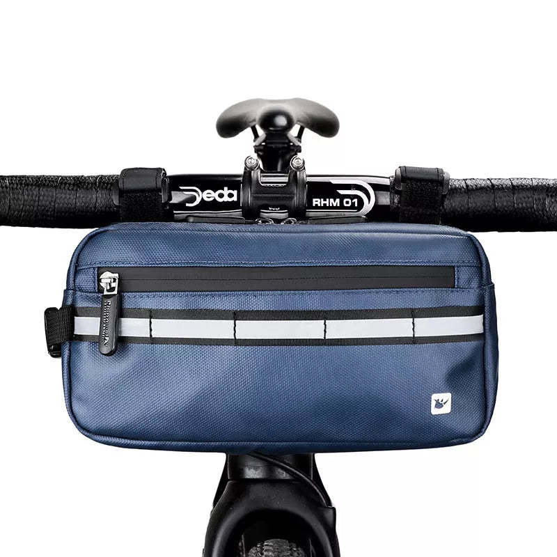 Rhino multifunctional bicycle front handle bag in black, grey, and blue