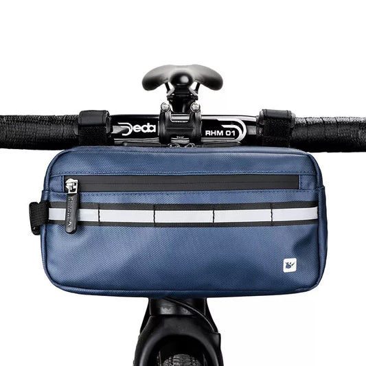 Rhino multifunctional bicycle front handle bag in black, grey, and blue