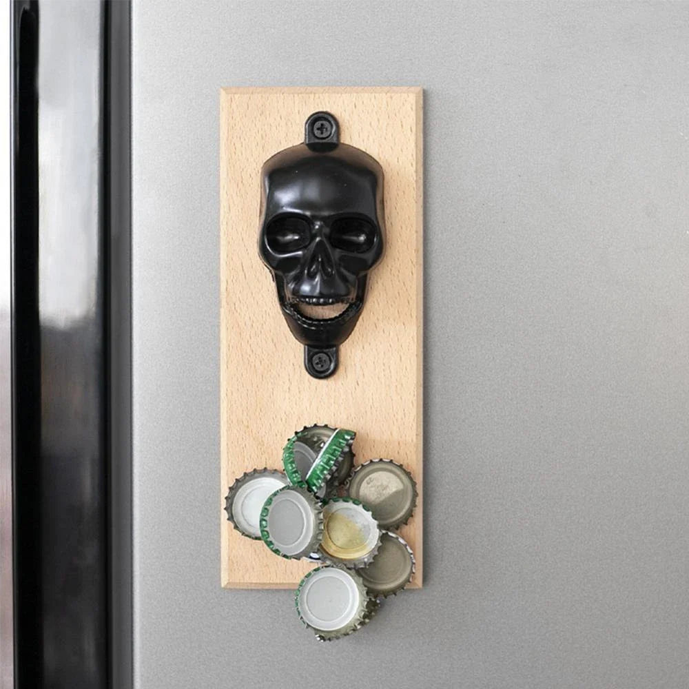 Stylish skeleton-shaped magnetic bottle opener with sleek black finish and solid wood base