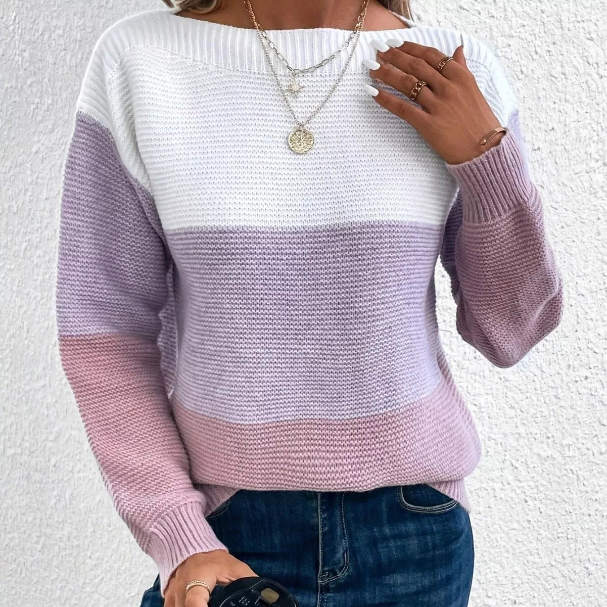 Women's round neck pullover sweater with unique splicing design in various colors
