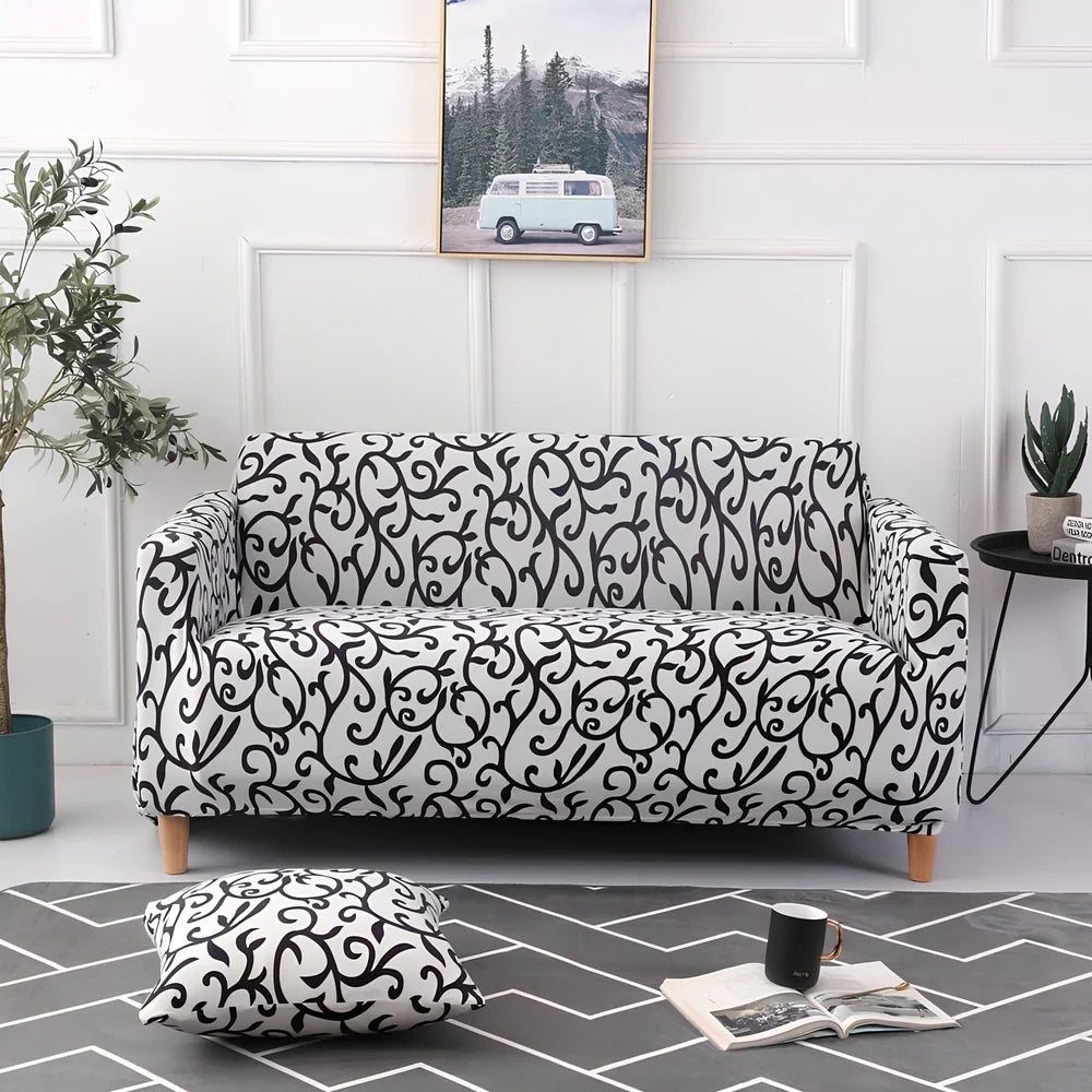 Elastic sofa cover with stripe pattern stretched over 3-seat sofa in living room setting