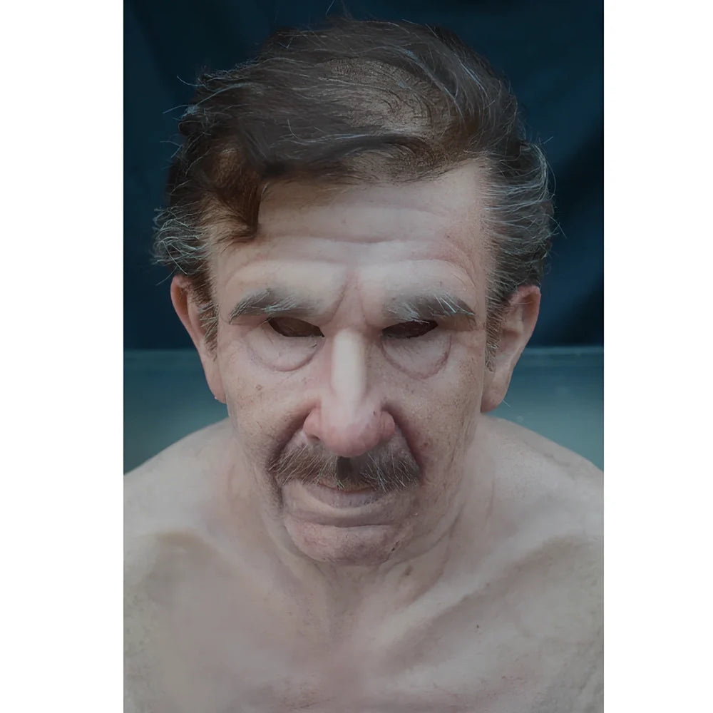 Latex old man Halloween mask with white hair and beard showing realistic facial wrinkles