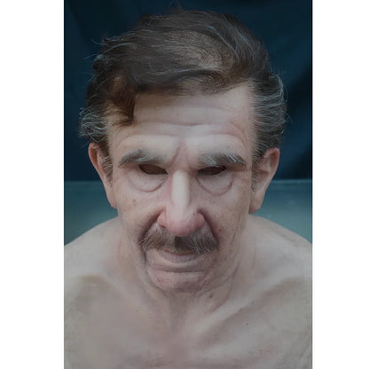 Latex old man Halloween mask with white hair and beard showing realistic facial wrinkles