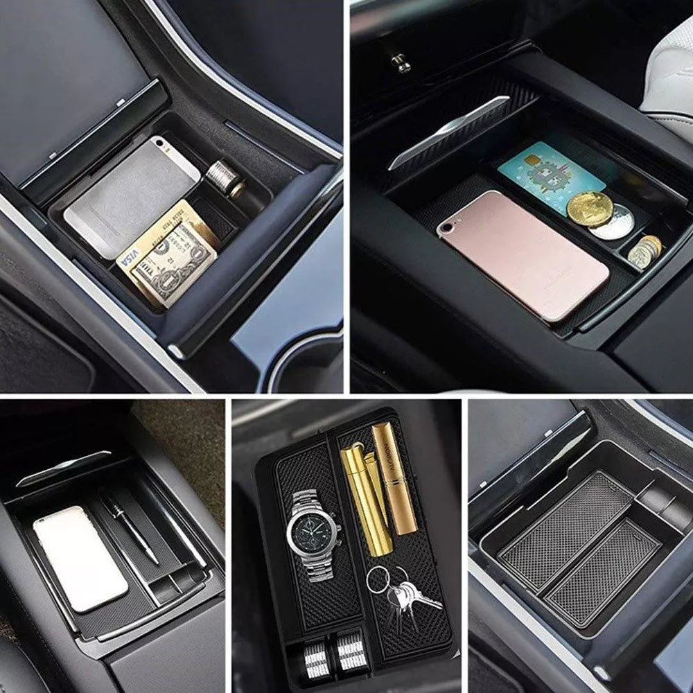 Compact black ABS car seat central storage box for organizing small items