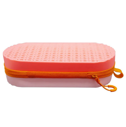 Silicone glasses case with long handle in rose red light purple colour, dimensions 200x80x50mm