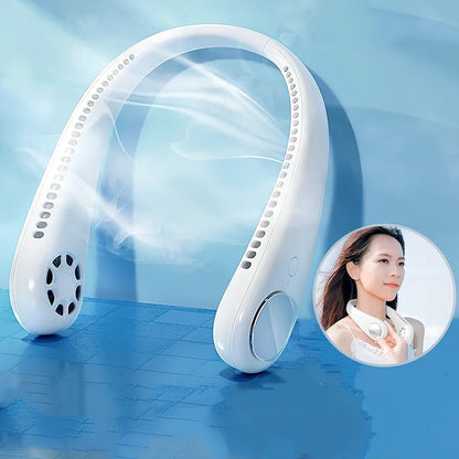 White USB charging small neck fan NC-01 with orange fan leaves, adjustable band for portable cooling