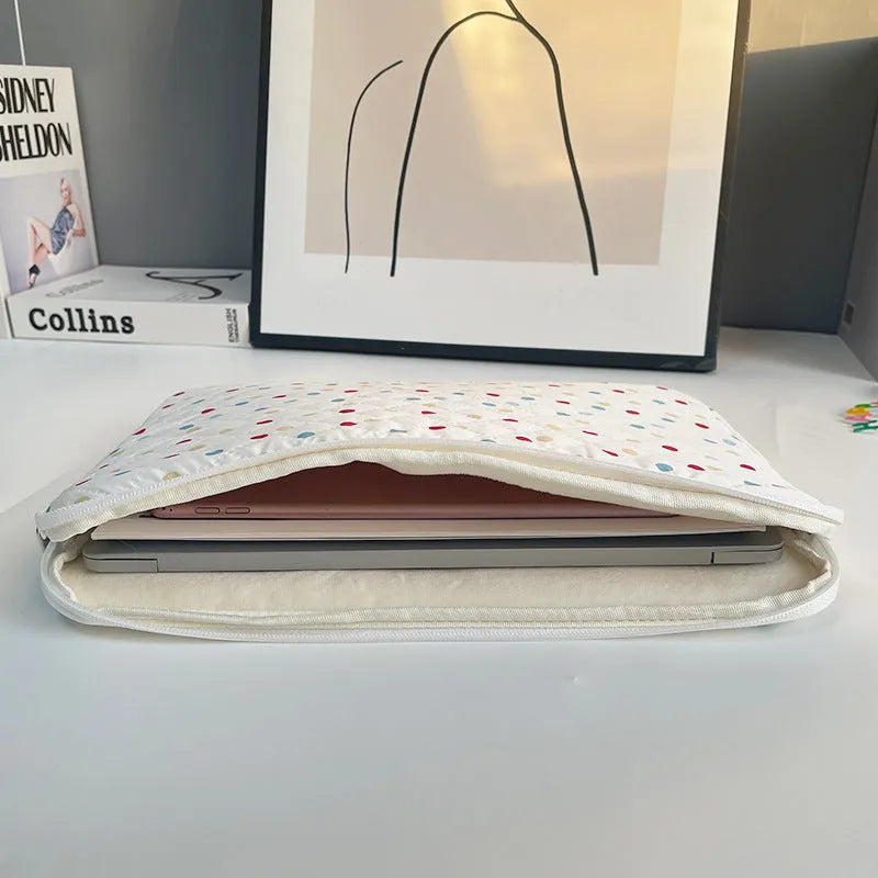 Women's solid colour polka dot polyester laptop bag shown in 11-inch, 13-14-inch, and 15-15.6-inch size options.