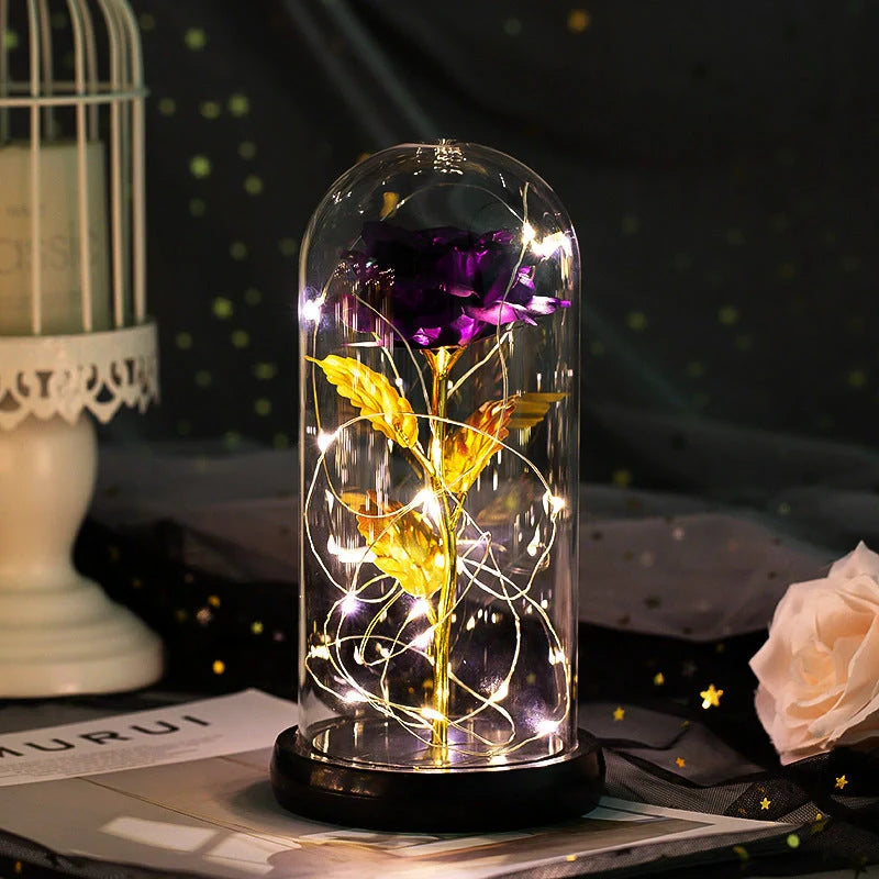 Enchanted Forever Rose in Glass LED Light Christmas Decoration with wooden base