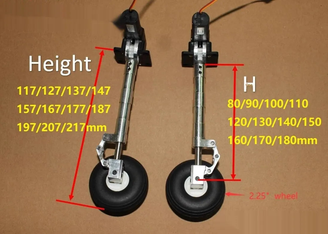 Retractable alloy landing gear for RC plane with shock absorber and large wheel.