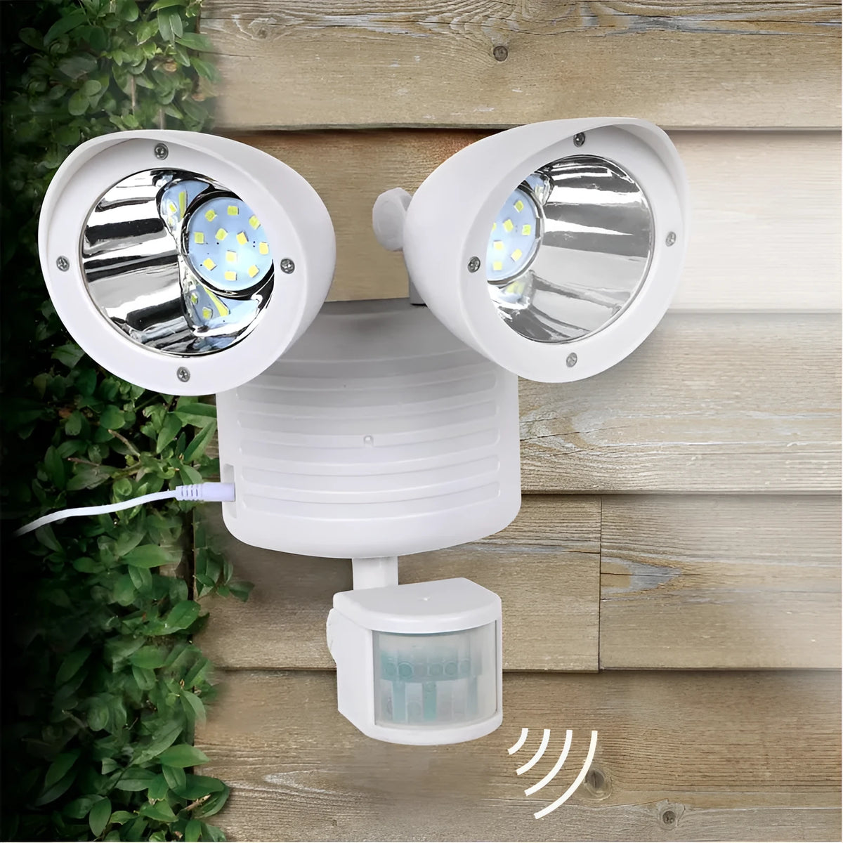 Black dual-head solar security spotlight with motion sensor for outdoor wall mounting