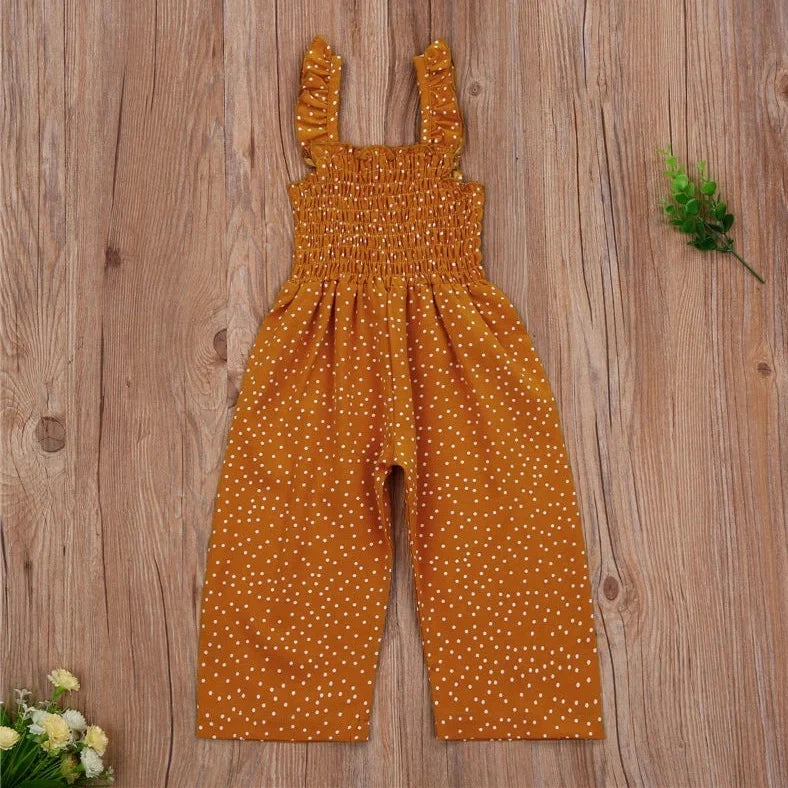 Brown polka dot sleeveless jumpsuit on child, showing non-hooded design and thin fabric suitable for heights 90-130cm