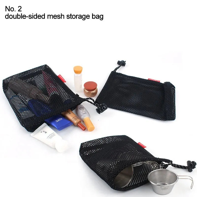Red 5-piece outdoor travel storage bag set made from Oxford cloth with mesh panels and zipper closures.