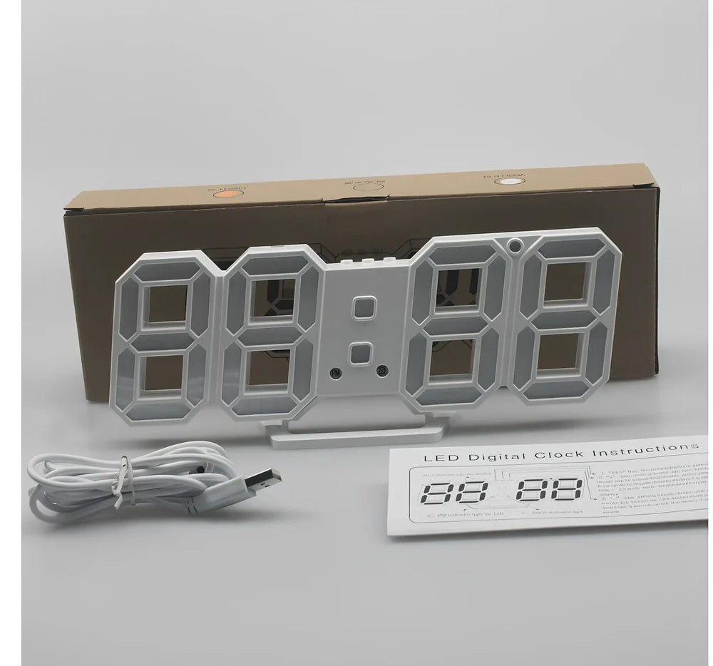 3D LED digital clock showing time and temperature display with adjustable brightness settings