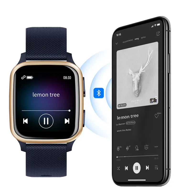 Smart bracelet in black with aluminium alloy case, showing heart rate monitor and Bluetooth calling features