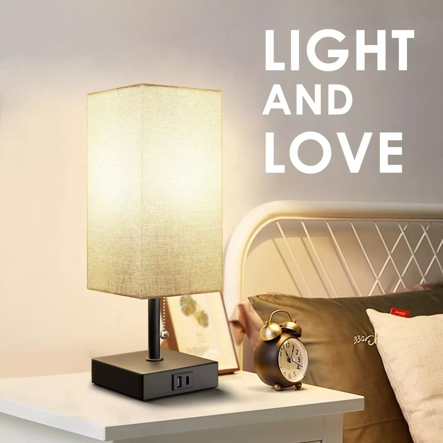 Adjustable brightness bedside lamp with USB charging ports in various colors