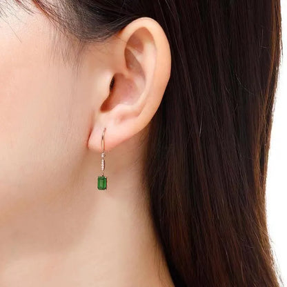 Pair of green tourmaline earrings for women with square geometric shape and copper setting