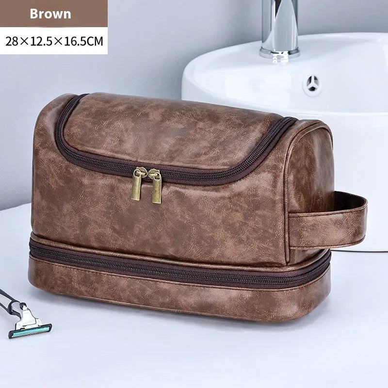 PU leather cosmetics storage bag with hook in black, brown or dark brown, simple modern travel wash bag